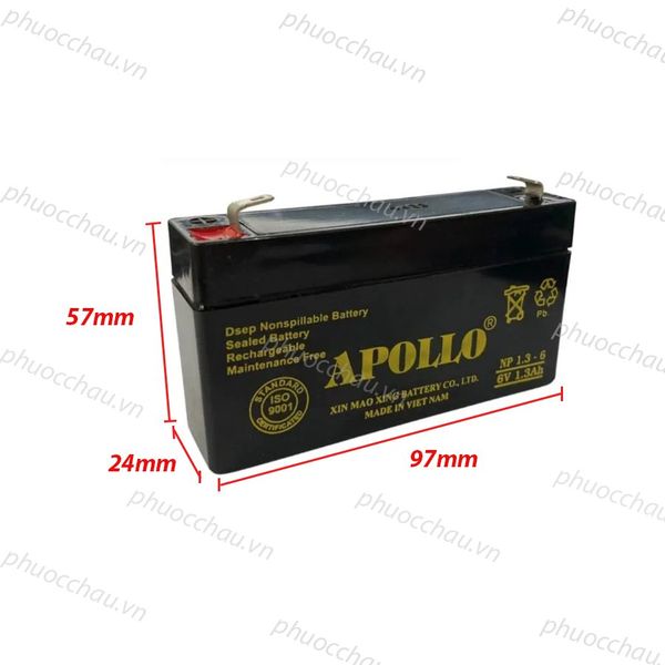 Ắc quy Apollo NP1.3-6 6V 1.3Ah kích thước chiều dài 97mm, chiều cao 57mm, chiều rộng 24mm