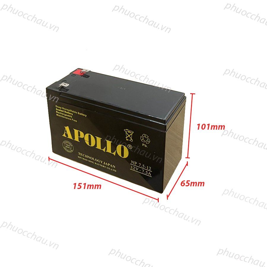 Ắc Quy Apollo NP7.5-12  12V-7.5AH, dùng cho xe điện trẻ em, UPS, loa kéo, hệ thống báo cháy...