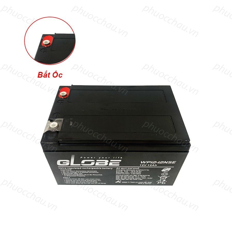 Bình Ắc Quy Khô Globe WP12-12 12V12AH, dùng cho loa kéo, bình phun thuốc, ups, xe đạp điện