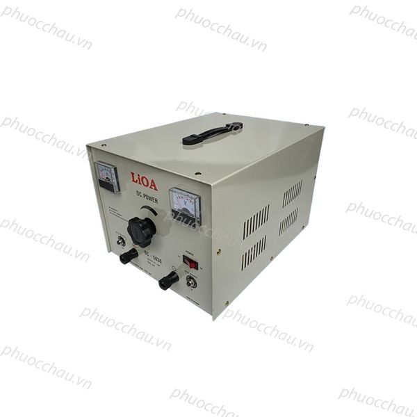 Máy sạc ắc quy LiOA BC5030 30A-50V góc nghiêng trái, mặt hông có khe tản nhiệt và tay xách