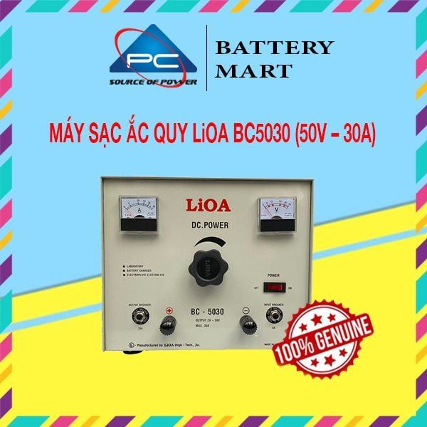 Máy sạc ắc quy LiOA BC5030 30A-50V chính diện, mặt máy có 2 đồng hồ V-A và tem chống hàng giả
