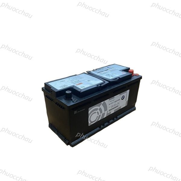 Ắc quy BMW AGM-105 12V-105Ah góc nghiêng phải, tem phụ tùng BMW 61 21 7 604 209 và nắp bình