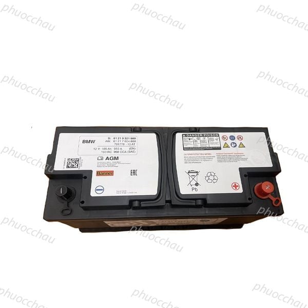 Ắc quy BMW AGM-105 12V-105Ah nhìn từ trên, mặt tem BMW OEM và cảnh báo, cọc đỏ âm dương