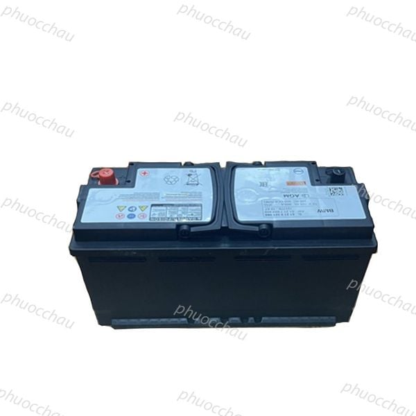 Ắc quy BMW AGM-105 12V-105Ah mặt trước hai nắp, cọc đỏ dương bên trái, tem BMW và mã vạch