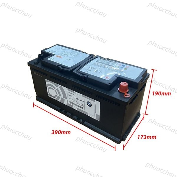 Ắc quy BMW AGM-105 12V-105Ah góc nghiêng trái kèm số đo chiều dài 390mm, rộng 173mm, cao 190mm