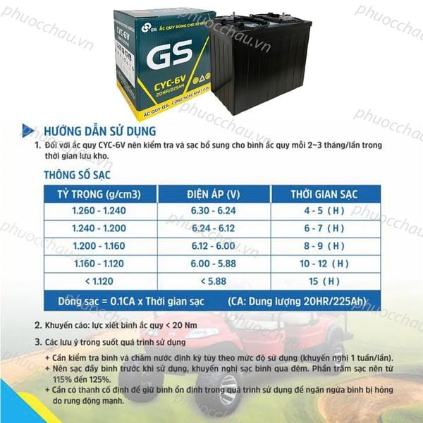 Bình ắc quy GS CYC-6V 6V-225AH xe điện kèm bảng hướng dẫn sử dụng và thông số sạc