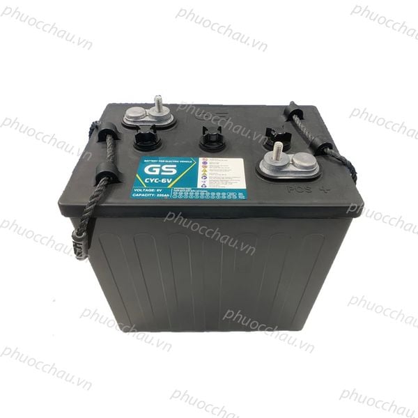Ắc quy GS CYC-6V 6V-225AH xe điện nhìn từ trên xuống, tem GS xanh và dây xách hai bên