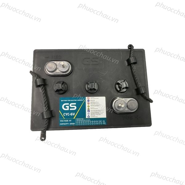 Cận cảnh mặt trên bình ắc quy GS CYC-6V 6V-225AH xe điện, cọc âm NEG và cọc dương POS