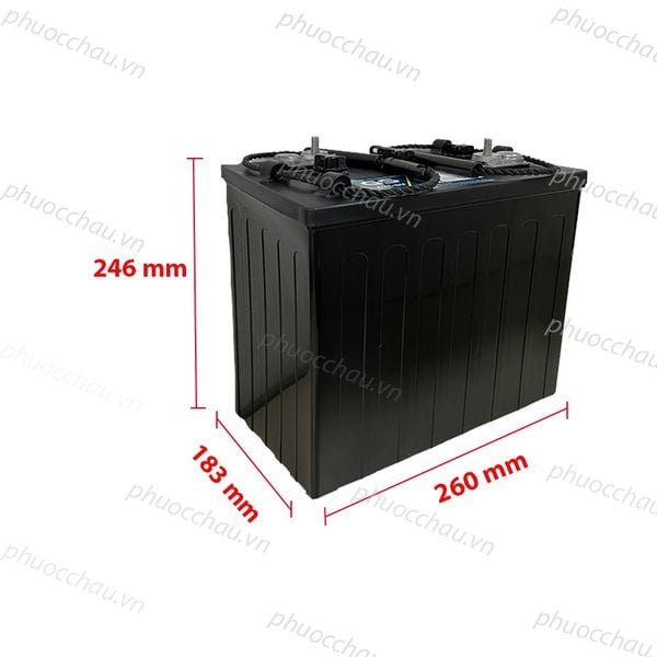Ắc quy GS CYC-6V 6V-225AH xe điện có kích thước chiều cao 246mm, chiều sâu 183mm và chiều dài 260mm