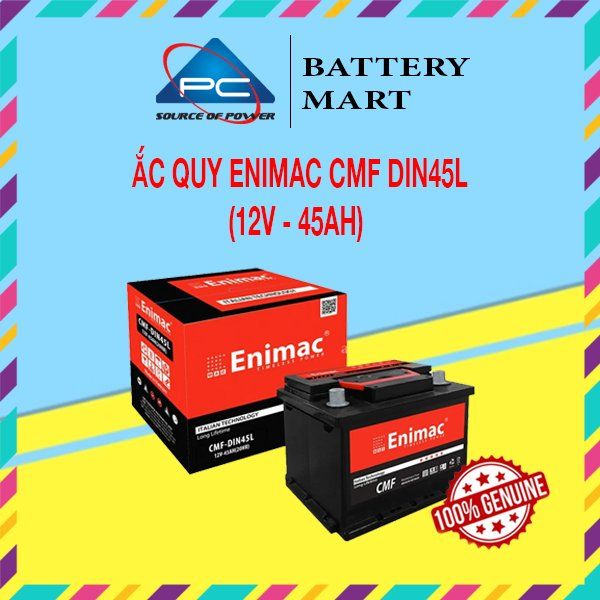 Ắc quy Enimac CMF DIN45L 12V-45Ah ảnh quảng cáo sản phẩm kèm vỏ hộp và tem 100% Genuine