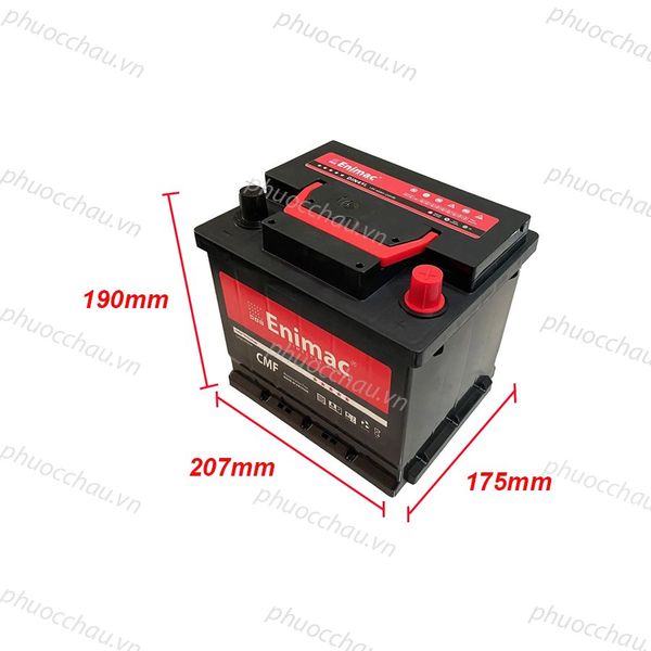 Bình ắc quy Enimac CMF DIN45L 12V-45Ah nghiêng phải kèm số đo 207mm x 175mm x 190mm