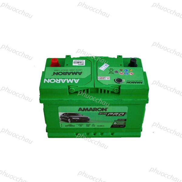 Ắc quy Amaron Pro DIN65 12V 65AH góc nghiêng mặt trước và nắp bình