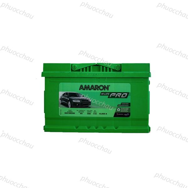 Ắc quy Amaron Pro DIN65 12V 65AH mặt trước tem thông số kỹ thuật AH CCA RC
