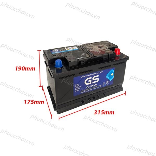 Ắc quy GS MF DIN80L 12V-80AH mặt trước tem GS Platinum kèm số đo chiều cao 190mm 175mm 315mm