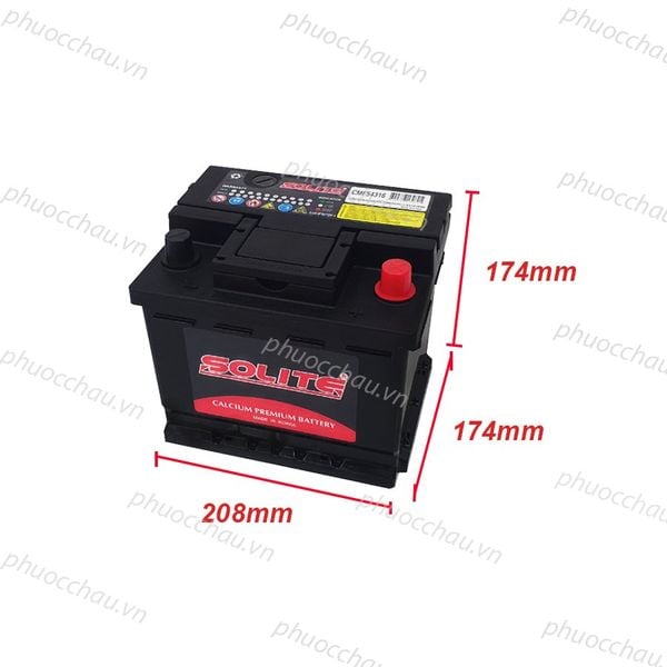 Ắc quy Solite DIN 54316 12V-43AH nhìn từ trên xuống với kích thước dài 208mm, cao 174mm, rộng 174mm
