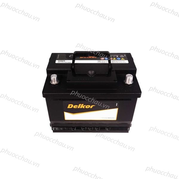 Bình ắc quy Delkor DIN 55421 12V 54Ah nhìn từ trên xuống, mặt trên có quai xách và 2 cọc