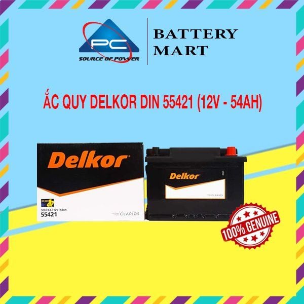 Ắc quy Delkor DIN 55421 12V 54Ah ảnh quảng cáo sản phẩm kèm vỏ hộp và tem 100% Genuine