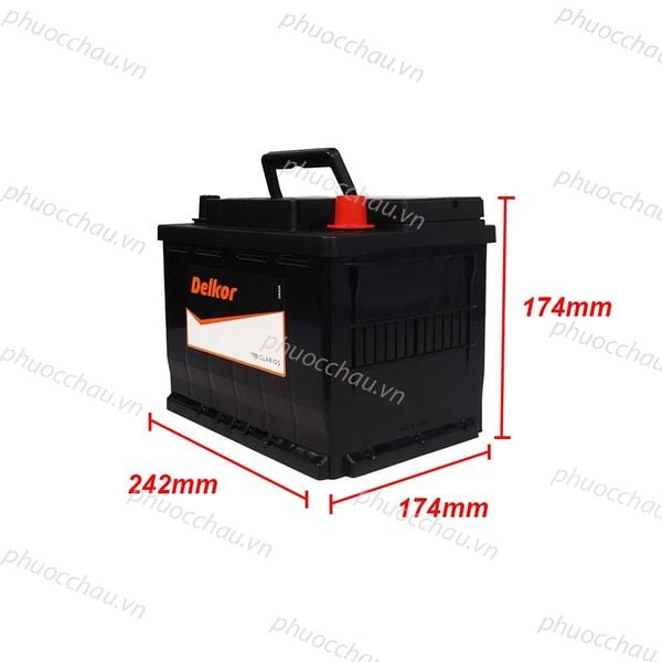 Ắc quy Delkor DIN 55421 12V 54Ah hình chiếu kích thước dài 242mm rộng 174mm cao 174mm