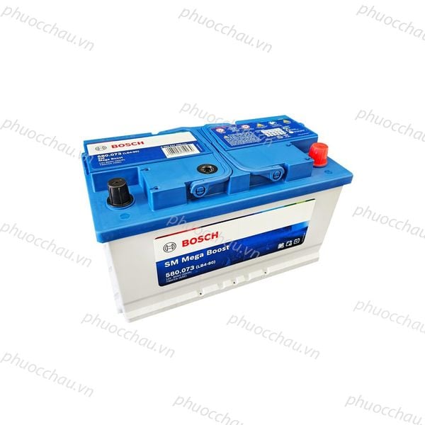 Bình ắc quy Bosch DIN 580.073 12V-80Ah góc nghiêng phải, tem SM Mega Boost vỏ xanh trắng