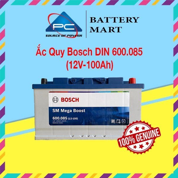 Ắc quy Bosch DIN 600.085 12V-100Ah ảnh quảng cáo sản phẩm, tem chính hãng 100% Genuine
