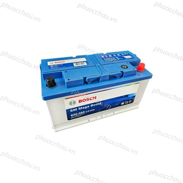 Bình ắc quy BOSCH DIN 600.085 12V-100Ah góc nghiêng trái, vỏ trắng nắp xanh, tem SM Mega Boost L5-100
