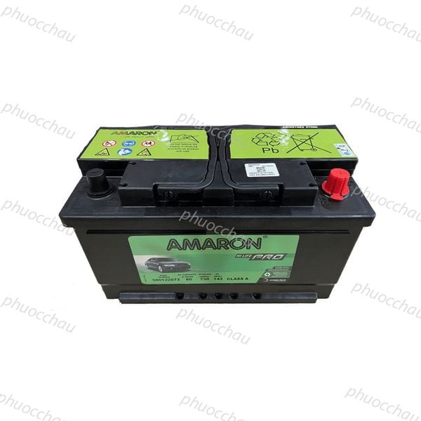 Ắc quy Amaron Pro DIN80 12V 80AH nhìn từ trên xuống, rõ cọc bình và tem sản phẩm