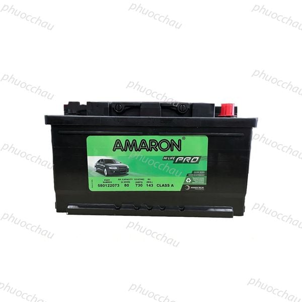 Ắc quy Amaron Pro DIN80 12V 80AH nhìn chính diện tem thông số và cọc bình