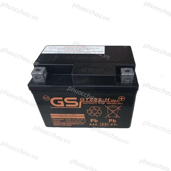 Bình ắc quy khô GS GTZ5S-H 12V 4Ah mặt trước logo GS và ký hiệu VRLA, ELECTROLYTE FILLED NON-SPILLABLE