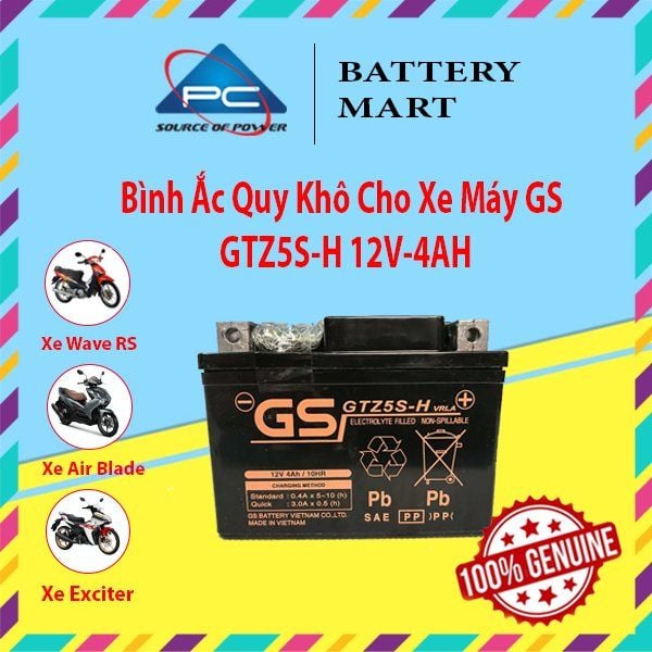 Ắc quy khô GS GTZ5S-H 12V-4Ah quảng cáo cho xe Wave RS, Air Blade, Exciter kèm huy hiệu 100% Genuine
