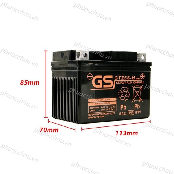 Bình ắc quy khô GS GTZ5S-H 12V 4Ah kèm số đo chiều cao 85mm, chiều ngang 113mm và chiều sâu 70mm
