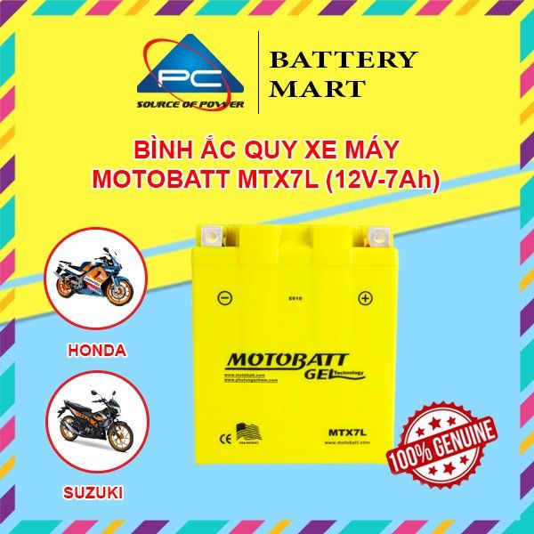 Ắc quy MOTOBATT MTX7L 12V-7Ah ảnh quảng cáo sản phẩm kèm hình xe Honda và Suzuki