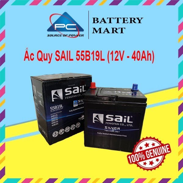 Ắc quy SAiL MF 55B19L 12V 40Ah nhìn nghiêng kèm vỏ hộp, nổi bật tem Silver và logo SAiL
