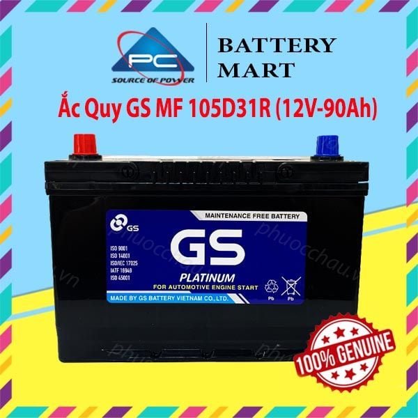 Ắc quy GS MF 105D31R 12V-90AH nhìn từ trên xuống, tem GS Platinum và nắp cọc đỏ xanh
