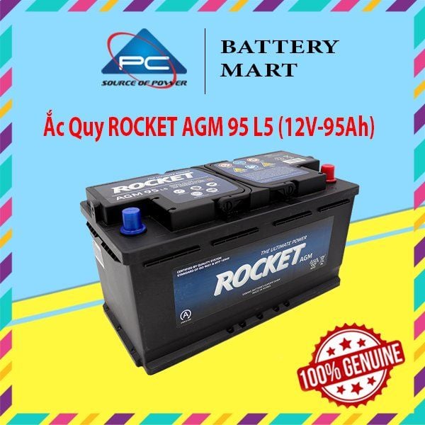 Ắc quy ROCKET AGM 95 L5 12V-95Ah góc nhìn từ trên xuống, thấy rõ 2 nắp bình và cọc bình xanh đỏ