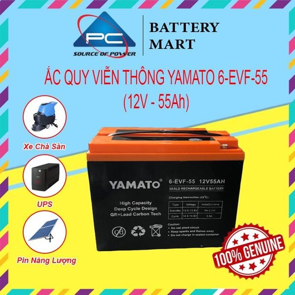 Ắc quy Yamato 6-EVF-55 12V-55Ah ảnh quảng cáo sản phẩm, hiển thị ứng dụng xe chà sàn, UPS và pin năng lượng