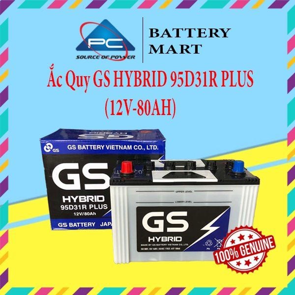 Ắc quy GS HYBRID 95D31R PLUS 12V-80Ah góc nghiêng trái kèm vỏ hộp và tem chống hàng giả