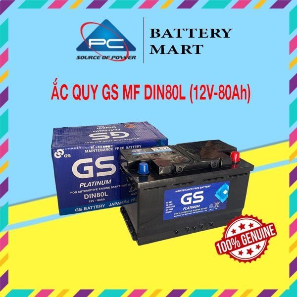 Ắc quy GS MF DIN80L 12V-80Ah góc nghiêng phải kèm vỏ hộp và tem 100% Genuine