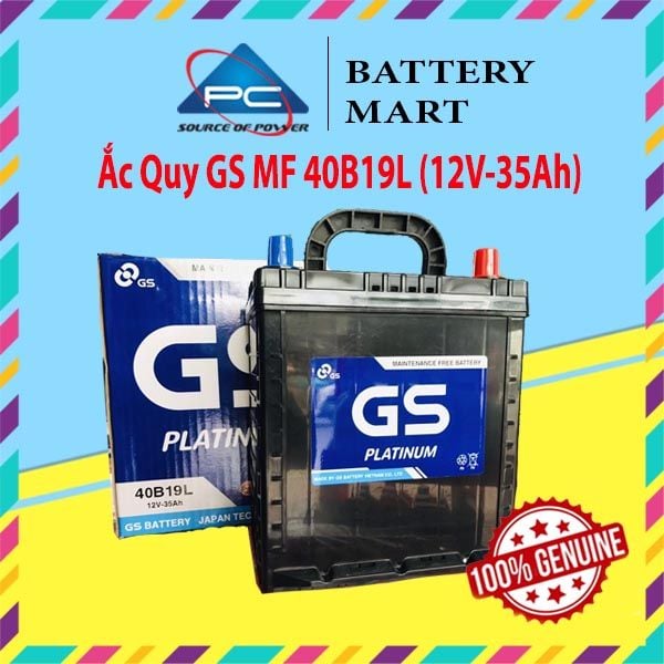 Bình ắc quy GS MF 40B19L 12V-35AH góc nghiêng phải kèm vỏ hộp GS Platinum và tem chính hãng