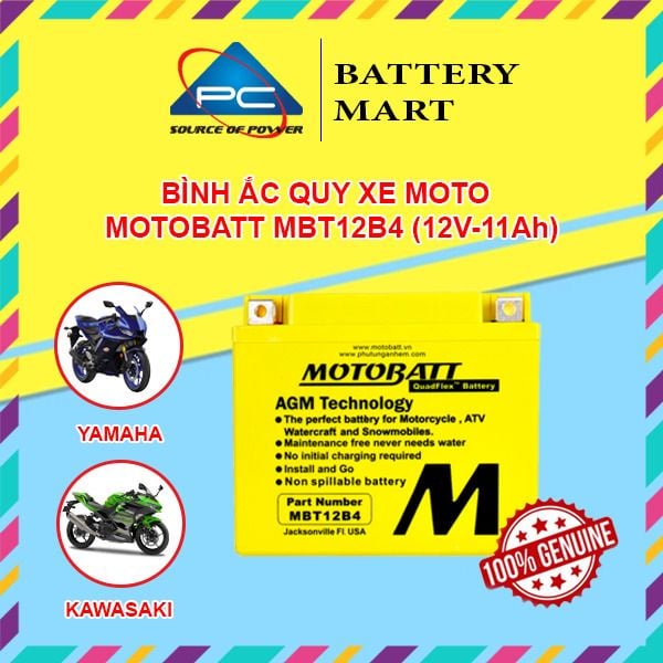 Ắc quy xe moto phân khối lớn MOTOBATT MBT12B4 12V - 11AH, thương hiệu của Mỹ, dùng cho xe  DUCATI, KAWASAKI, YAMAHA, TRIUMPH
