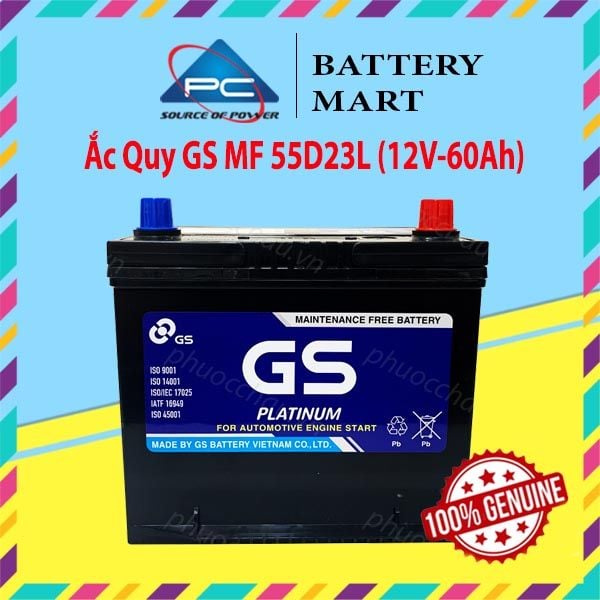 Ắc quy GS MF 55D23L 12V-60Ah ảnh quảng cáo sản phẩm chính diện tem GS PLATINUM