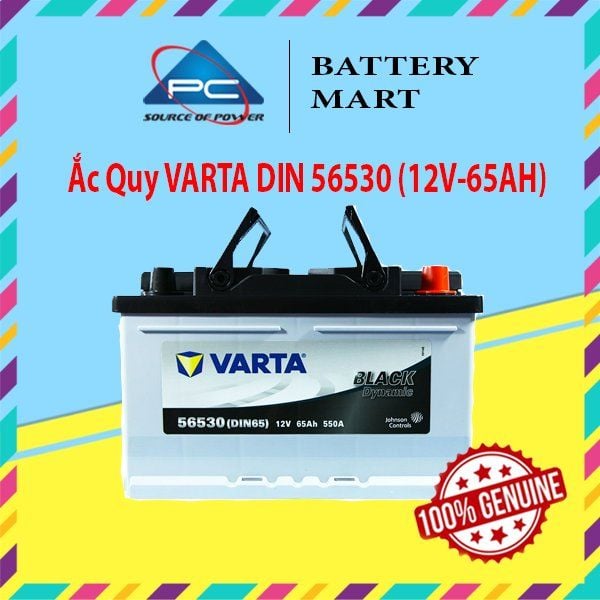 Ắc quy VARTA DIN 56530 12V-65AH ảnh quảng cáo sản phẩm chính diện, tem Varta xanh trắng, logo PC Battery Mart