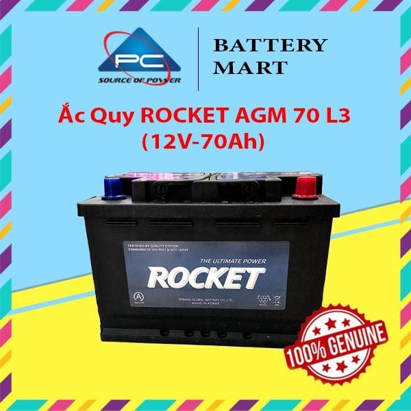 Ắc quy ROCKET AGM 70 L3 12V-70Ah ảnh quảng cáo sản phẩm, bình đen tem xanh, 2 cọc vuông