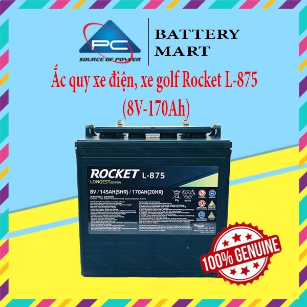 Ắc quy xe điện, xe golf Rocket L-875 8V-170Ah chính diện tem nhãn LONGEST EDITION kèm logo PC Battery Mart