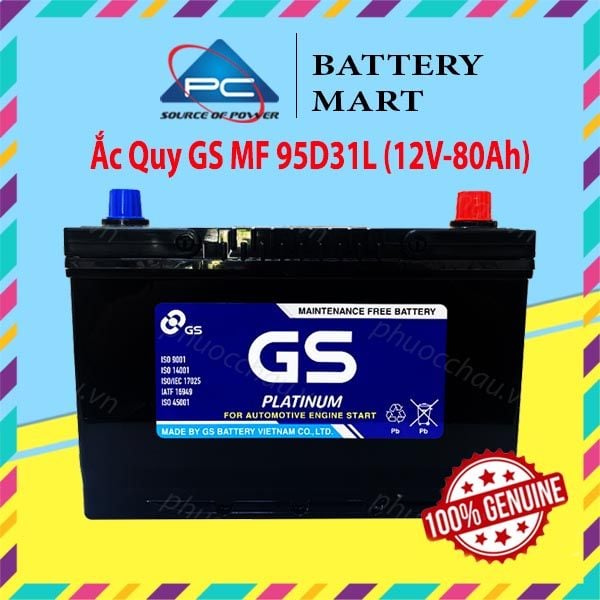 Ắc quy GS MF 95D31L 12V-80AH góc nghiêng trái tem GS Platinum Maintenance Free
