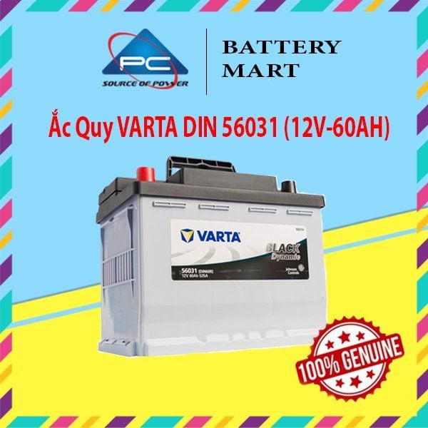 Ắc quy VARTA DIN 56031 12V-60AH nhìn từ phía sau, vỏ xám có gân, nắp đen và tem xác thực