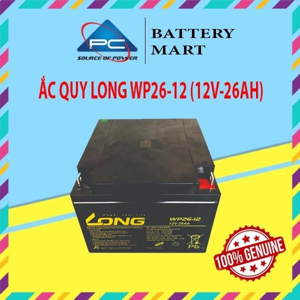 Bình ắc quy LONG WP26-12 12V 26Ah góc nhìn từ trên xuống, vỏ đen nhãn vàng, 2 cọc bình, dùng cho UPS