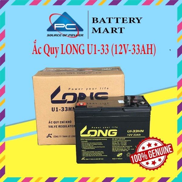Bình ắc quy LONG U1-33HN 12V 33Ah kèm vỏ hộp, tem vàng đen, logo Power your life