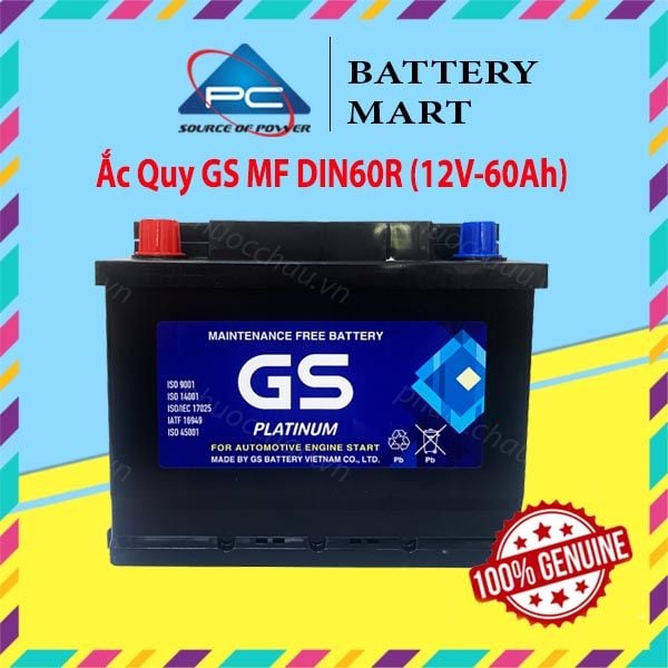 Ắc quy GS MF DIN60R 12V-60Ah ảnh quảng cáo sản phẩm có tem chính hãng GS Platinum Maintenance Free