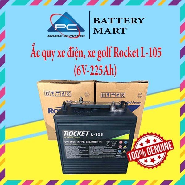 Bình ắc quy xe điện, xe golf Rocket L-105 6V-225Ah đặt trước vỏ hộp, tem 100% Genuine