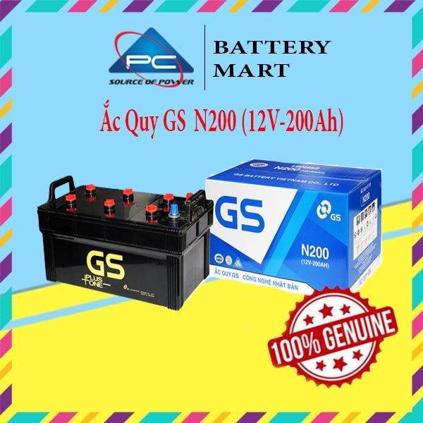 Ắc quy GS N200 12V-200Ah góc nghiêng trái kèm vỏ hộp xanh, tem 100% Genuine và logo GS vàng
